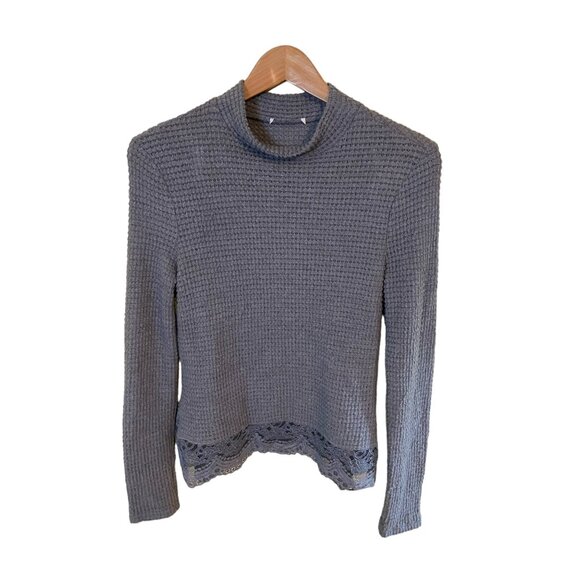 Womens Small Knit Top Gray Lace Trim Long Sleeves Lightweight High Neck Y2K - Picture 2 of 7